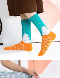 Close-up view of creative ice cream pattern mid-calf socks showcasing colorful details.