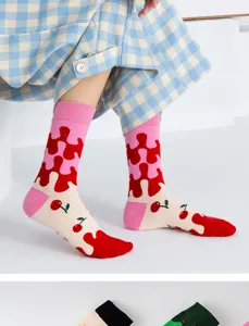Cute dopamine style women's mid-tube socks with ice cream drip and cherry patterns for daily wear.