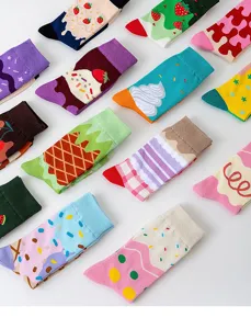 Detailed shot of colorful ice cream mid-calf socks, vibrant dopamine style cute cotton socks.