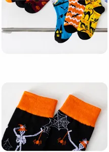 Close-up details of Halloween funny mid-tube socks with skull and pumpkin patterns.