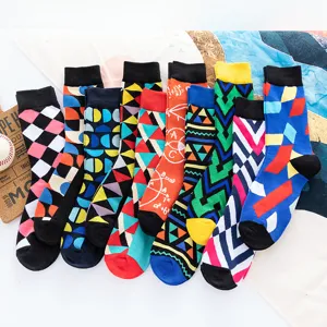 Colorful geometric pattern cotton crew socks for men and women, trendy autumn winter daily wear.