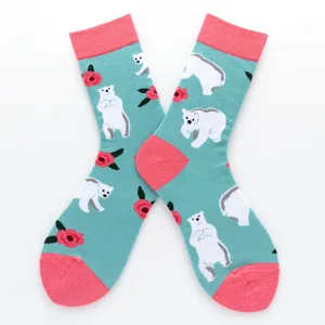 Calzini casual da donna con motivo orso polare e rose, alla moda in cotone blu e rosa.