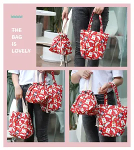Japanese cute Shiba Inu print canvas bento lunch bag, red portable student handbag.