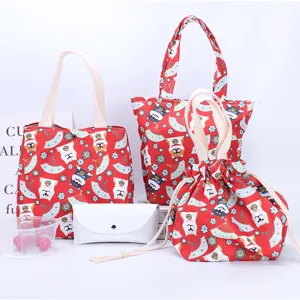 Japanese Style Cute Shiba Inu Canvas Bento Bag Waterproof Portable Handbag Lunch Storage Bag For Women Daily Commute