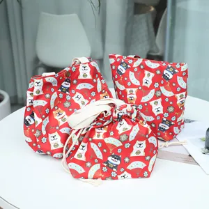 Japanese style red canvas bento bag cute cartoon Shiba Inu lunch handbag for students