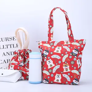 Japanese style red Shiba Inu canvas lunch bag tote set waterproof cute bento bag for students