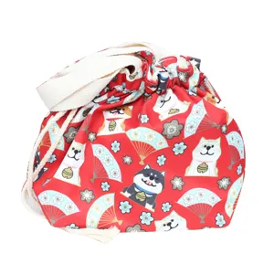 Japanese style red canvas drawstring lunch bag cute shiba inu bento pouch for daily use