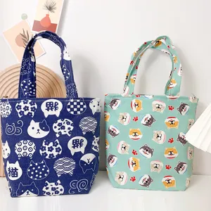 Canvas cartoon bento bag portable lunch bag casual cute handbag for daily use outdoor