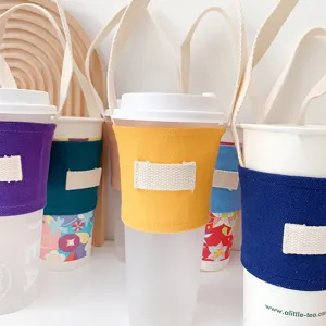 Leinen Tassenhülle mit Tragegurt, einfarbiger Getränkehalter für Kaffee und Bubble Tea.
