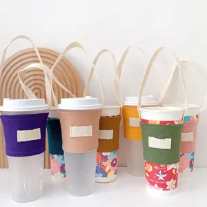 Canvas Becherhülle mit Griff für Milchkaffee, tragbare wiederverwendbare Getränkehalter.