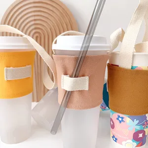 Tragbarer Canvas Becherhalter für Kaffee und Milchtee mit Gurt Detail Ansichten