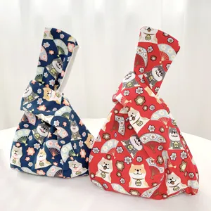 Japanischer Stil Baumwoll Canvas Knoten Handtasche mit Hundemotiv fuer Damen Alltag.