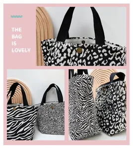 Piccola borsa porta pranzo in tela con stampa leopardo e zebra, borsa a mano portatile.