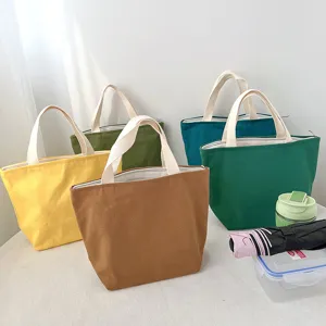 Portable Canvas Lunch Bag Minimalist Solid Color Handbag With Zipper And Webbing Handle For Office Workers Picnic Travel