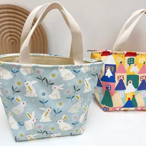 Niedliche Cartoon Kaninchen Canvas Lunchtasche mit Reißverschluss für Schüler Alltag