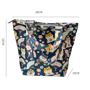 Canvas tote bag with cute Shiba Inu cartoon print, large capacity zippered handbag for daily use.