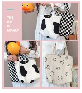 Kord Shopper Detail mit süßem Smiley und Karomuster für Damen im großen Design neu.