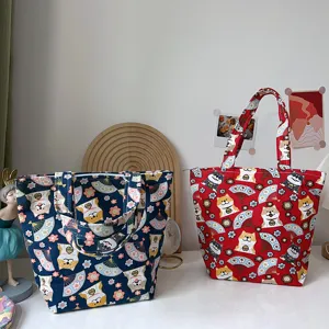 Canvas zipper tote bag featuring cute cartoon dog and floral print, perfect daily lunch handbag.