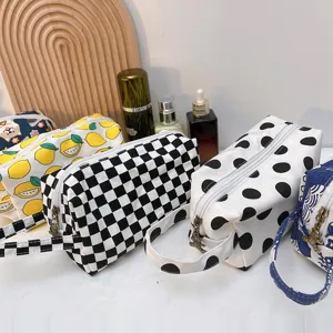 Neceser de Cosméticos Vintage de Lona con Diseño de Tablero de Ajedrez Bolsa de Aseo de Viaje Portátil Estuche de Maquillaje Mujer