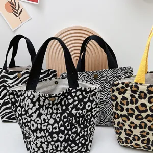 Borsa porta pranzo in tela con stampa leopardo e zebra, piccola borsa portatile dettagli