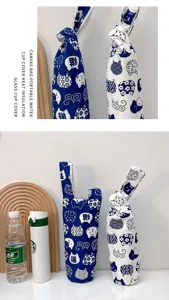 Detailansicht des japanischen Canvas-Wasserbecherbezugs mit Katzenmuster und Tragegriff.