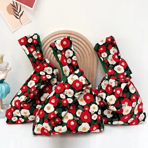 Japanese Knot Wristlet Bag Cotton Fabric Camellia Flower Cat Print Small Handbag Phone Pouch Coin Purse For Women