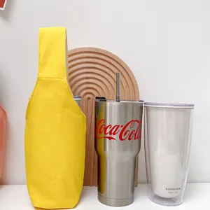 Gelbe Leinen Tassenhülle und Becher Set, niedlicher Studenten Stil tragbarer Schutz.