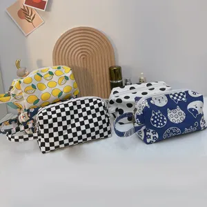 Bolsa de cosméticos de lona portátil neceser bonito diseño de cuadros para maquillaje
