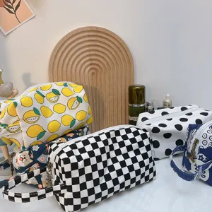 Bolsa de maquillaje de lona, neceser retro a cuadros con cremallera y asa de transporte útil.