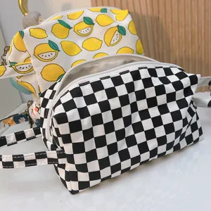 Neceser de lona con estampado de cuadros y limones, bolsa con cremallera para maquillaje.