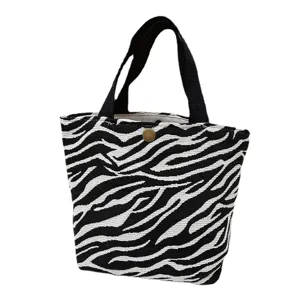 Borsa tote in tela con stampa zebrata bianco e nero, piccola borsa portatile per il pranzo.