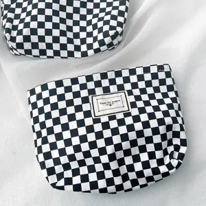 Black and white checkerboard canvas makeup bag minimalist portable storage tote pouch for daily use