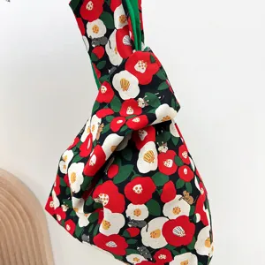 Japanese style cotton knot wrist bag, floral pattern handbag for daily essentials.