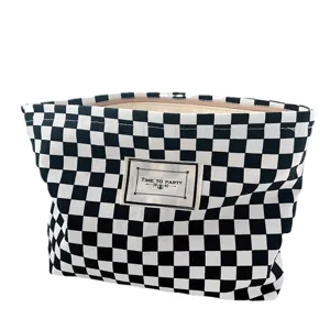 Black and white checkered makeup bag, minimalist square canvas cosmetic pouch, portable storage bag.
