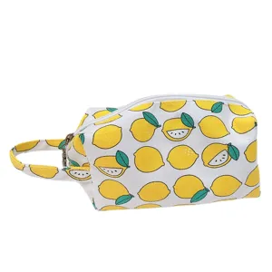 Bolso cosmético de lona con estampado de limón, cremallera y asa, neceser de maquillaje.