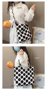 Large capacity black white polka dot canvas shoulder crossbody bag with adjustable long strap