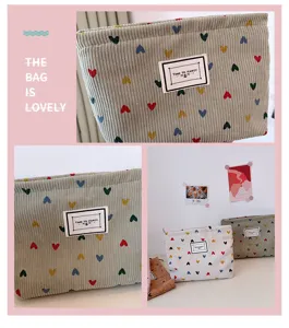 Corduroy heart makeup bag portable coin purse and keys storage pouch for daily travel use.