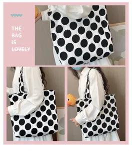 Large capacity canvas tote bag with black and white polka dots, adjustable casual shoulder bag.
