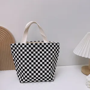 Bolso tote bento de lona a cuadros blancos y negros, elegante bolso de mano y bolsa de almuerzo.