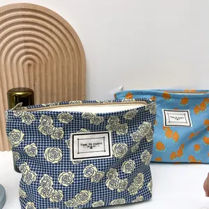 Floral cosmetic bag set canvas zipper pouch travel toiletry makeup organizer detail view