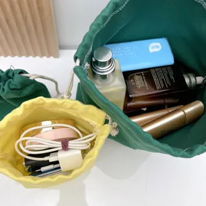Einfarbiger Canvas Kordelzug Beutel tragbare Kosmetiktasche fuer Alltagsgegenstaende.