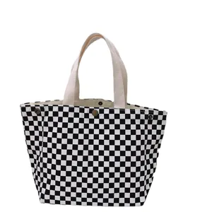 Bolso de Mano de Lona a Cuadros Negro y Blanco Casual Retro para Almuerzo de Mujer
