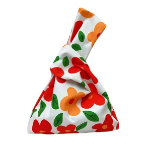 Japanese style floral fabric knot wrist bag cute canvas mini handbag casual coin purse tote