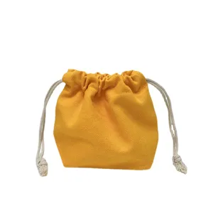 Einfarbig gelber Canvas Kordelzug Beutel, tragbare Kosmetik Aufbewahrung Tasche fuer den Alltag.
