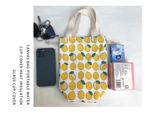 Leinwand Zitrone Druck tragbare Tasse Abdeckung Wasserflasche Tasche mit Kordelzug.