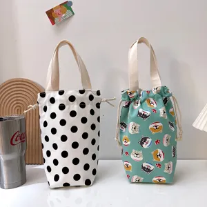 Leinentasche fuer Wasserflasche tragbare Handtasche Thermosbecher Huelle mit Hundemuster.