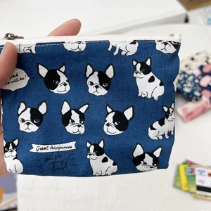 Niedliche Canvas Reißverschluss Münzbörse mit Französische Bulldogge Druck Portemonnaie.