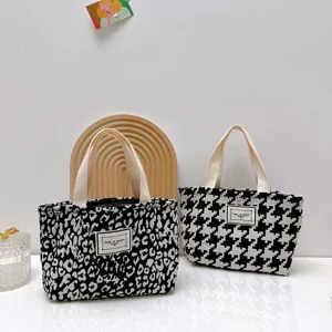 Bolso de Mano Mini de Lona Retro Pata de Gallo Estampado de Leopardo Minimalista Urbano Bolso Cuadrado Cremallera para Mujer