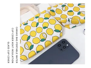 Bolso de mano de lona con estampado de limon, tela gruesa con forro, bolsa practica.