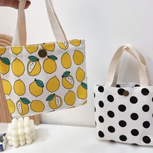 Cute canvas handbag with lemon print and polka dot design, perfect for daily casual out.
